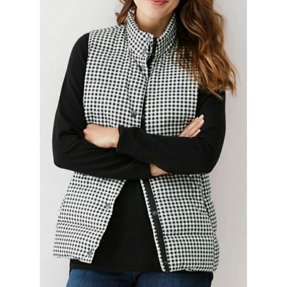 Women's J Jill Sz Small Down Fill Puffer Vest Black White Check Lightweight Cozy